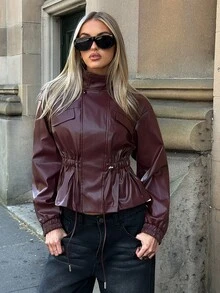 Aloruh Ankara Red Fashionable Commuter Versatile PU Funnel Neck Cinched Waist Drawstring Long Sleeve Elastic Cuff Short Regular Fit Women's Jacket - Burgundy - View 5