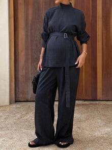 DAZY Striped Loose Long Sleeve Stand Collar Shirt With Belt Straight Leg Pants Casual Vacation Elegant Spring Autumn Maternity 2 Pieces Set - Blue - View 7