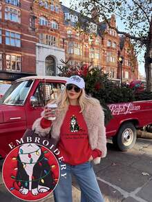 SHEIN EZwear 秋冬新款聖誕個性化口號可愛寵物衛衣，配彩色燈光與逼真刺繡圖案，圓領長袖寬鬆加厚女款衛衣，適合假期、秋季上衣、日常通勤、約會、聚會、秋冬夏季、聖誕節、新年、感恩節、派對、新年 - 紅色 - 查看 7