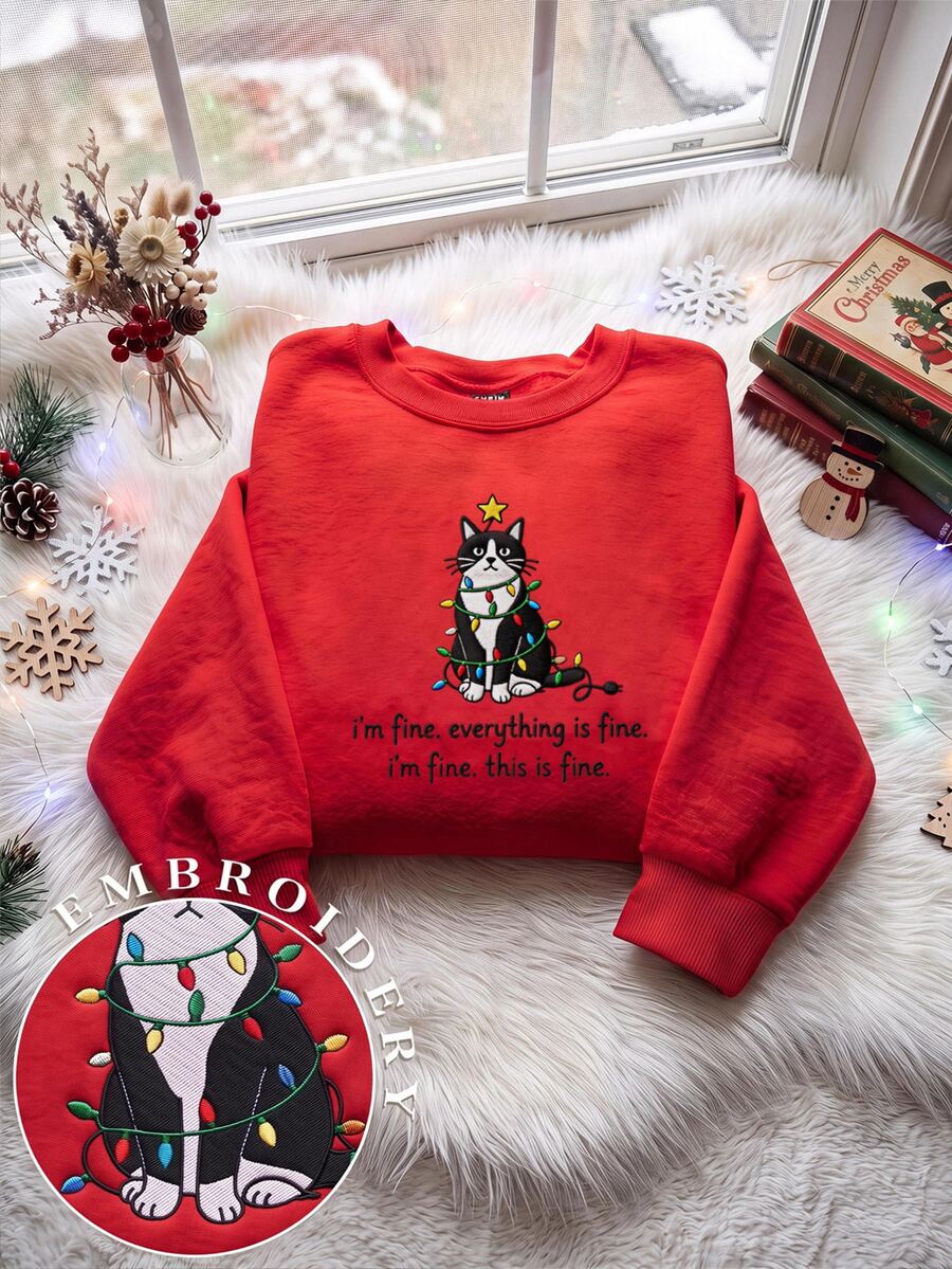 SHEIN EZwear 秋冬新款聖誕個性化口號可愛寵物衛衣,配彩色燈光與逼真刺繡圖案,圓領長袖寬鬆加厚女款衛衣,適合假期、秋季上衣、日常通勤、約會、聚會、秋冬夏季、聖誕節、新年、感恩節、派對、新年 - 紅色 - 查看 1