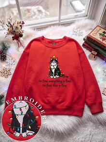SHEIN EZwear 秋冬新款聖誕個性化口號可愛寵物衛衣，配彩色燈光與逼真刺繡圖案，圓領長袖寬鬆加厚女款衛衣，適合假期、秋季上衣、日常通勤、約會、聚會、秋冬夏季、聖誕節、新年、感恩節、派對、新年 - 紅色 - 查看 3