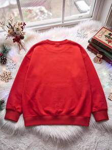 SHEIN EZwear 秋冬新款聖誕個性化口號可愛寵物衛衣，配彩色燈光與逼真刺繡圖案，圓領長袖寬鬆加厚女款衛衣，適合假期、秋季上衣、日常通勤、約會、聚會、秋冬夏季、聖誕節、新年、感恩節、派對、新年 - 紅色 - 查看 4