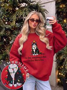 SHEIN EZwear 秋冬新款聖誕個性化口號可愛寵物衛衣，配彩色燈光與逼真刺繡圖案，圓領長袖寬鬆加厚女款衛衣，適合假期、秋季上衣、日常通勤、約會、聚會、秋冬夏季、聖誕節、新年、感恩節、派對、新年 - 紅色 - 查看 6