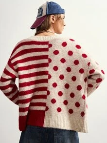 Bohemela Women's Vintage Apricot Red Polka Dot & Striped Single-Breasted Knit Cardigan - Apricot - View 2