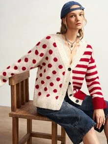 Bohemela Women's Vintage Apricot Red Polka Dot & Striped Single-Breasted Knit Cardigan - Apricot - View 3