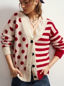 Bohemela Women's Vintage Apricot Red Polka Dot & Striped Single-Breasted Knit Cardigan - Apricot - View 4