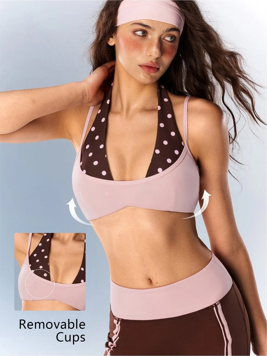VARSIVA Women's Color-Block "Faux-Layered" Sports Bra (Pink-Brown Polka-Dot Print) – Suitable For Gym And Casual Wear; Autumn Yoga & Pilates Gear - Multicolor - View 1