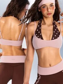 VARSIVA Women's Color-Block "Faux-Layered" Sports Bra (Pink-Brown Polka-Dot Print) – Suitable For Gym And Casual Wear; Autumn Yoga & Pilates Gear - Multicolor - View 2