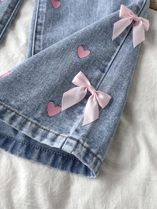 SHEIN LMoss Kids 女童寬鬆寬腿牛仔藍色牛仔褲，夏季波希米亞風薄款牛仔寬腿褲，牛仔女孩風格，可愛風 - 藍色 - 查看 5