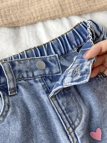 SHEIN LMoss Kids 女童寬鬆寬腿牛仔藍色牛仔褲，夏季波希米亞風薄款牛仔寬腿褲，牛仔女孩風格，可愛風 - 藍色 - 查看 6