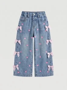 SHEIN LMoss Kids 女童寬鬆寬腿牛仔藍色牛仔褲，夏季波希米亞風薄款牛仔寬腿褲，牛仔女孩風格，可愛風 - 藍色 - 查看 1