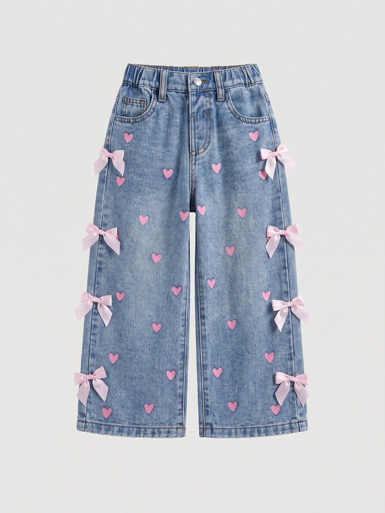 SHEIN LMoss Kids Girls' Loose Wide Leg Denim Blue Jeans,Summer Boho Thin Denim Wide-Leg Pants Cowgirl Young Girl Cutecore - Blue - View 2
