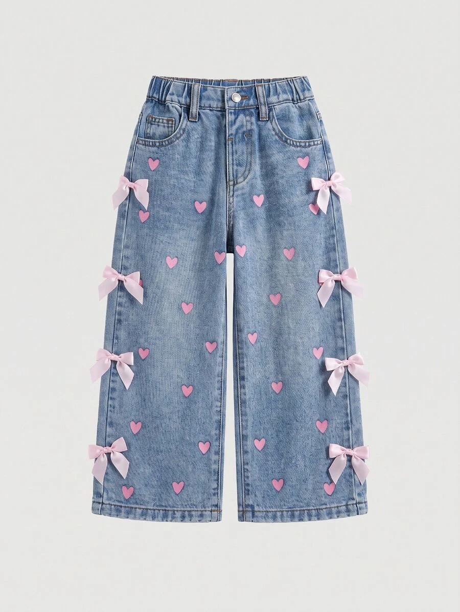 SHEIN LMoss Kids 女童寬鬆寬腿牛仔藍色牛仔褲,夏季波希米亞風薄款牛仔寬腿褲,牛仔女孩風格,可愛風 - 藍色 - 查看 1