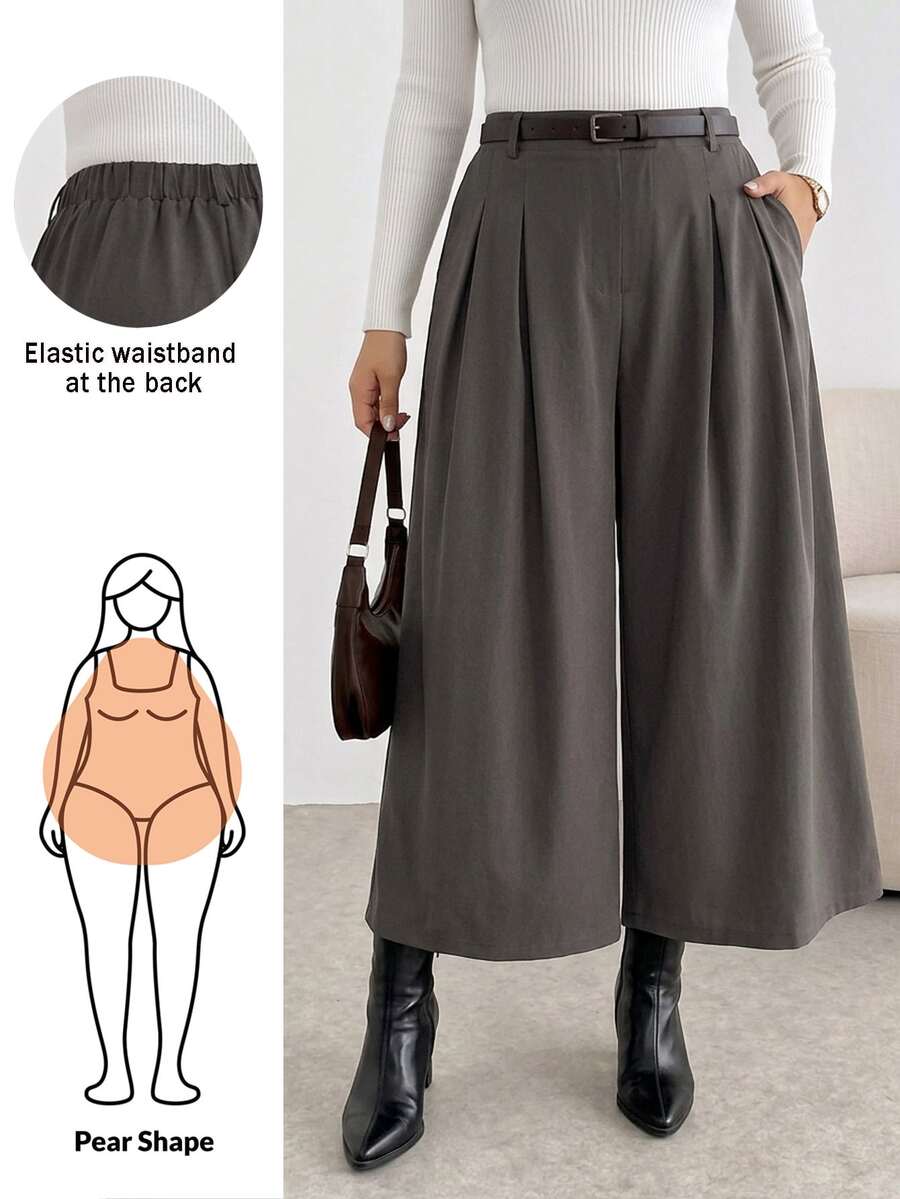 SHEIN Essnce بنطال كولوت قصير رمادي واسع الساق للنساء مقاس كبير، أنيق وكاجوال وفضفاض ومريح للصيف، بنطال رسمي للعمل والمكتب، قطعة سفلية