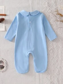 SHEIN Newborn White Solid Color Minimalist Fashion Elegant Long Sleeve Long Footed Romper Loungewear - Baby Blue - View 2
