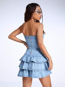 SHEIN EZwear Y2K 风格蓝色女式弹力抹胸紧身迷你牛仔连衣裙 - 藍色 - 查看 3
