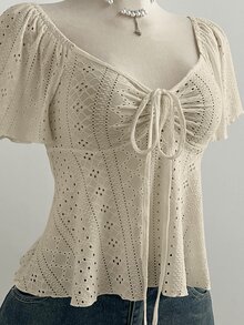 Elamini 法式純白色針織提花抽繩V領短袖修身休閒百搭女款上衣 - 杏色 - 查看 3