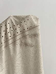 Elamini 法式純白色針織提花抽繩V領短袖修身休閒百搭女款上衣 - 杏色 - 查看 5