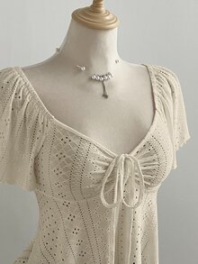Elamini 法式純白色針織提花抽繩V領短袖修身休閒百搭女款上衣 - 杏色 - 查看 6