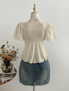 Elamini 法式純白色針織提花抽繩V領短袖修身休閒百搭女款上衣 - 杏色 - 查看 2