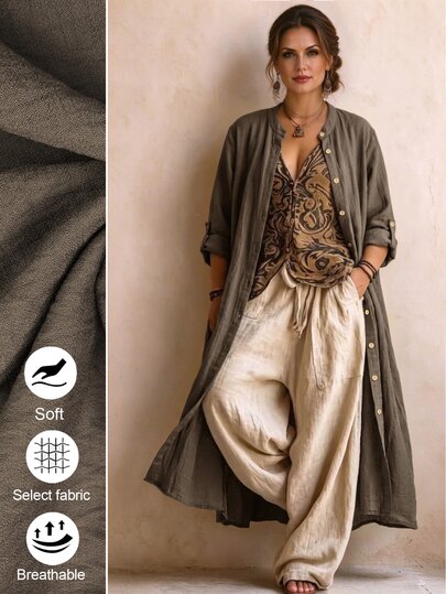 Linhara CURVE Women's Plus Size Solid Color Long Sleeve Long Casual Dress, Outdoor Casual Pastoral Coat, Autumn/Winter Outdoor Long Coat Fall