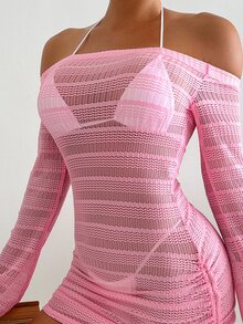 SHEIN Swim 女士休闲半透明罩衫（配领带）夏季 - 粉色 - 查看 4