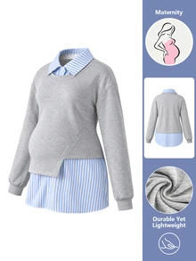 Momance Maternity Sweatshirt, 2 In 1 Patchwork Maternity Top, Loose Slouchy Pregnancy Top, Slimming Versatile Casual Long Sleeve - Light Grey - View 5
