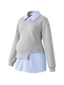 Momance Maternity Sweatshirt, 2 In 1 Patchwork Maternity Top, Loose Slouchy Pregnancy Top, Slimming Versatile Casual Long Sleeve - Light Grey - View 7