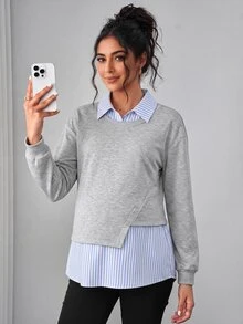 Momance Maternity Sweatshirt, 2 In 1 Patchwork Maternity Top, Loose Slouchy Pregnancy Top, Slimming Versatile Casual Long Sleeve - Light Grey - View 2