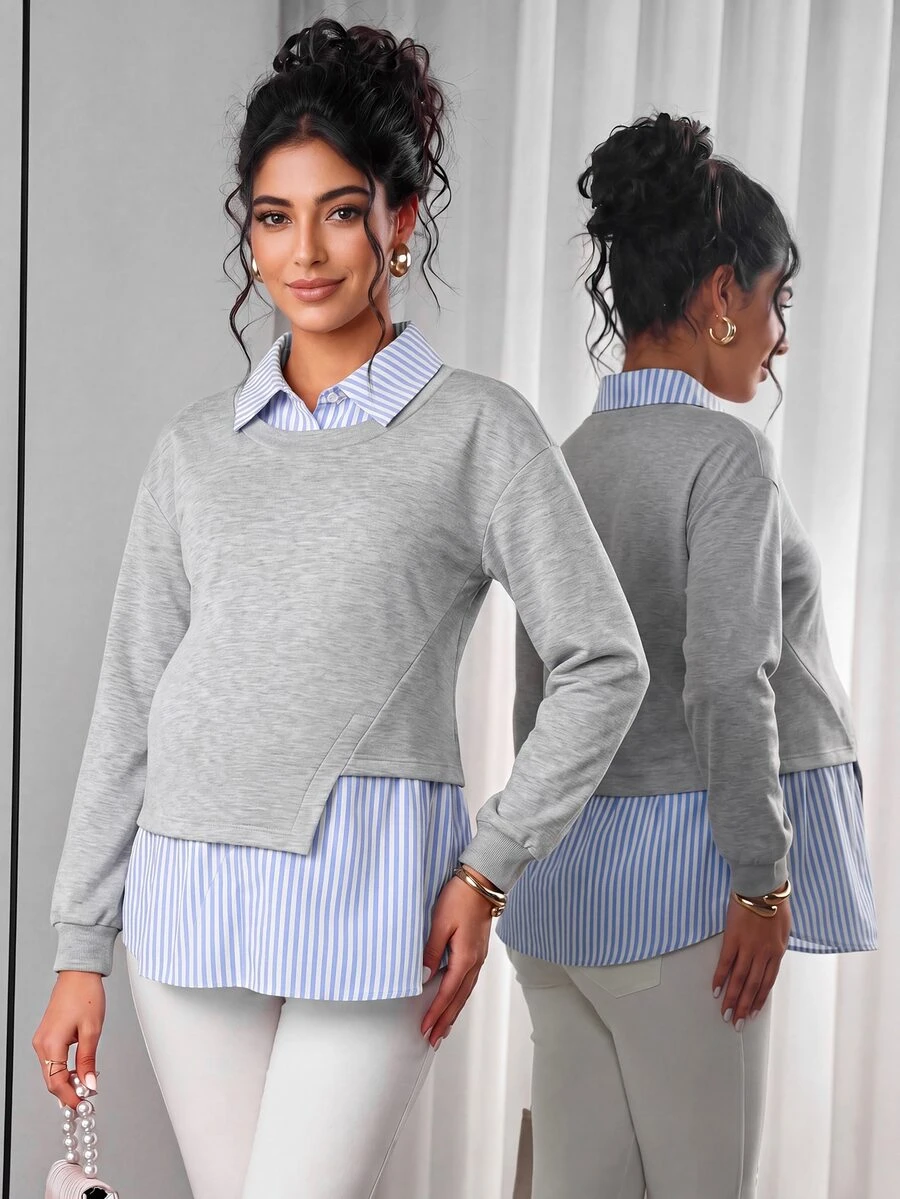 Momance Maternity Sweatshirt, 2 In 1 Patchwork Maternity Top, Loose Slouchy Pregnancy Top, Slimming Versatile Casual Long Sleeve - Light Grey - View 1