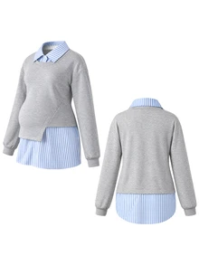Momance Maternity Sweatshirt, 2 In 1 Patchwork Maternity Top, Loose Slouchy Pregnancy Top, Slimming Versatile Casual Long Sleeve - Light Grey - View 8