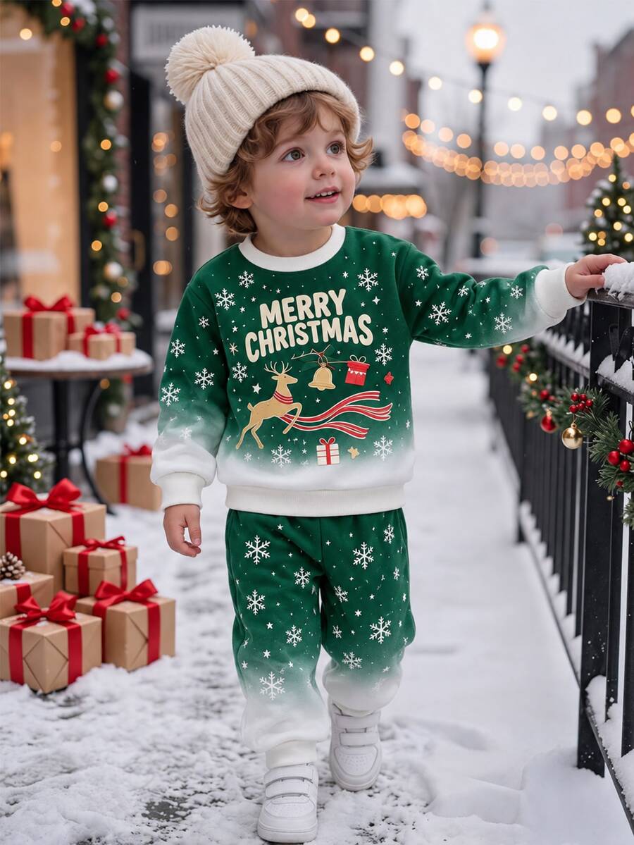 Boys' Christmas Sweatshirt Set With Snowflake, Deer, Letter, Gift Box And Other Christmas Elements, Digital Print Top And Digital Print Pants, Suitable For Indoor And Outdoor Christmas Occasions - Multicolor - View 1