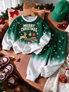 Boys' Christmas Sweatshirt Set With Snowflake, Deer, Letter, Gift Box And Other Christmas Elements, Digital Print Top And Digital Print Pants, Suitable For Indoor And Outdoor Christmas Occasions - Multicolor - View 3