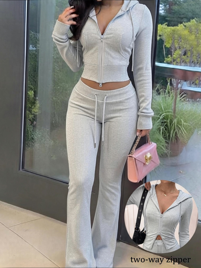 Eryvara Women's Casual Streetwear Fitted Sports Zip-Up Hoodie & Blue Flare Pants Set, Autumn/Winter Daily Fashion Outfit