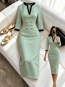 SHEIN Elegant Mint Green V-Neck Color-Block Fitted 3/4 Sleeve Midi Dress With Metal Buckle Decor And Slit Design, Suitable For Office, Party, Daily Commute And Gatherings - Green - View 7