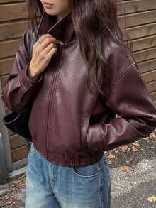 Dazy Tall 女款短版街頭休閒寬鬆皮夾克 秋冬款 - 酒紅色 - 查看 3