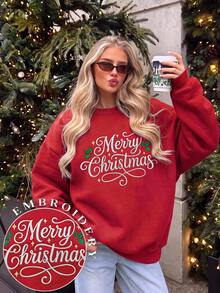 SHEIN EZwear 秋冬新款聖誕標語真刺繡圖案圓領長袖寬鬆加厚女款衛衣，適合假期、秋季上衣，適用於日常通勤、約會、聚會，秋冬夏季、聖誕節、新年、感恩節、派對、新年 - 紅色 - 查看 6