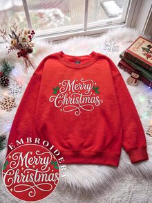 SHEIN EZwear 秋冬新款聖誕標語真刺繡圖案圓領長袖寬鬆加厚女款衛衣，適合假期、秋季上衣，適用於日常通勤、約會、聚會，秋冬夏季、聖誕節、新年、感恩節、派對、新年 - 紅色 - 查看 3