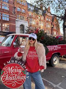 SHEIN EZwear 秋冬新款聖誕標語真刺繡圖案圓領長袖寬鬆加厚女款衛衣，適合假期、秋季上衣，適用於日常通勤、約會、聚會，秋冬夏季、聖誕節、新年、感恩節、派對、新年 - 紅色 - 查看 7