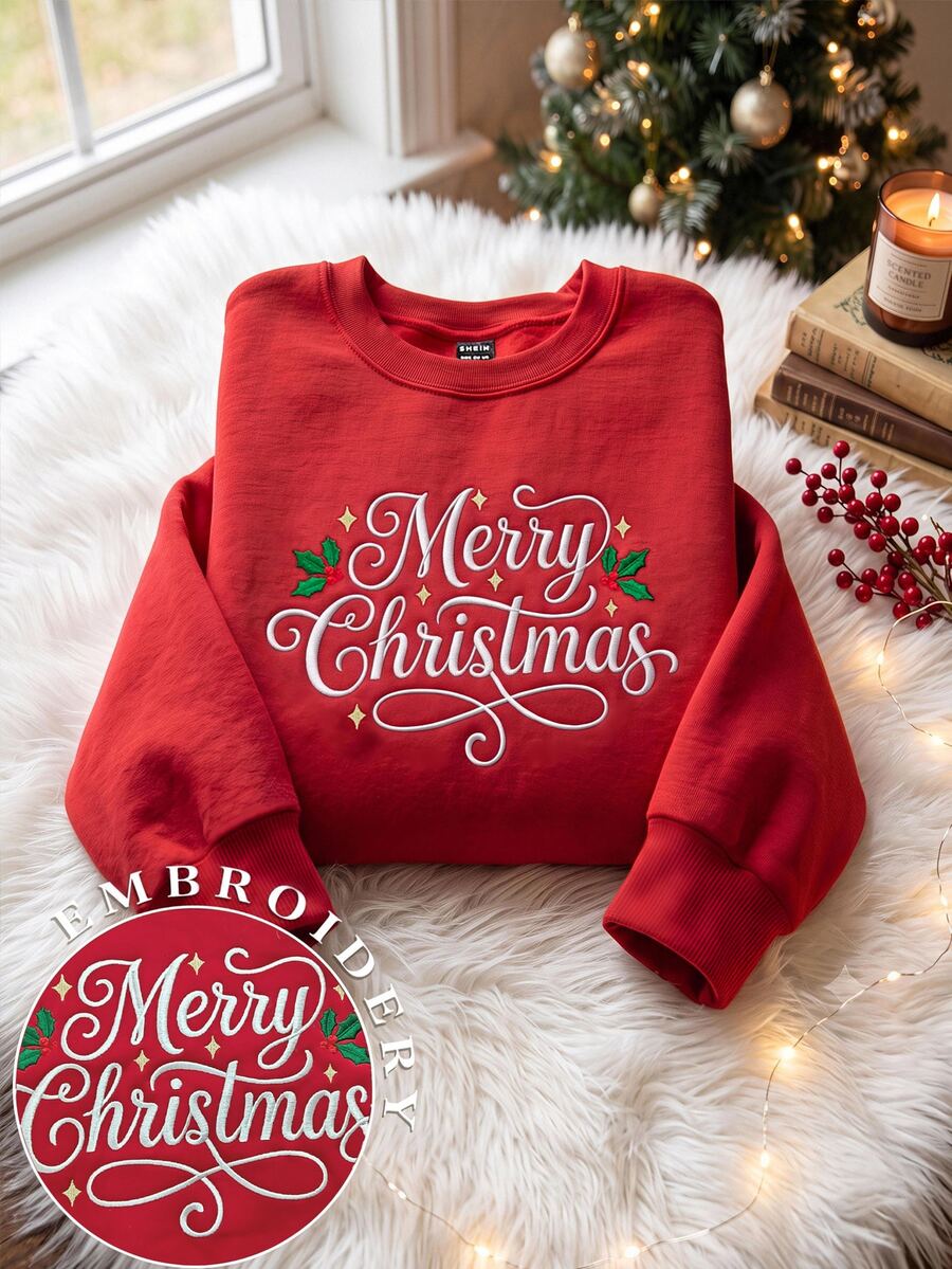 SHEIN EZwear 秋冬新款聖誕標語真刺繡圖案圓領長袖寬鬆加厚女款衛衣,適合假期、秋季上衣,適用於日常通勤、約會、聚會,秋冬夏季、聖誕節、新年、感恩節、派對、新年 - 紅色 - 查看 1