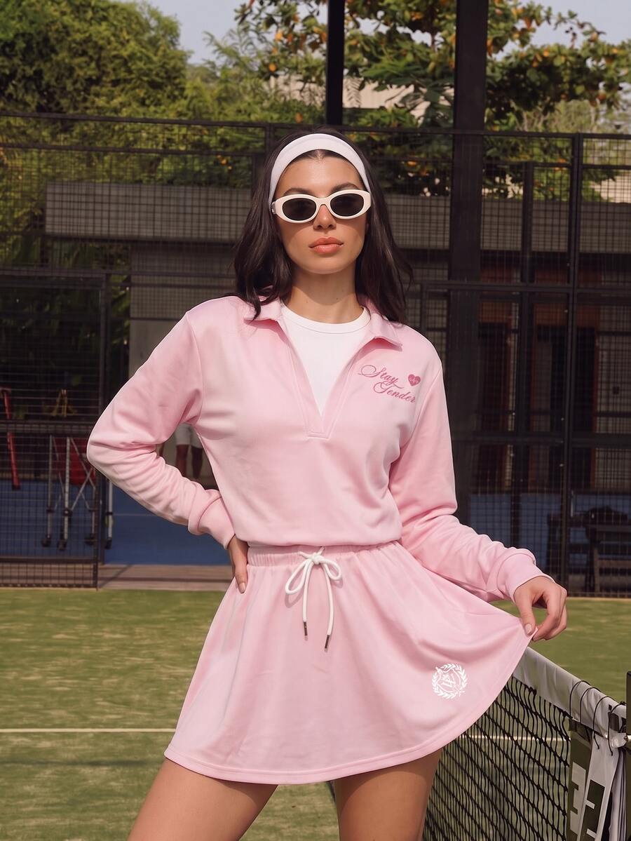 SHEIN Pink Women's Letter Print Sporty 2 Pieces Set Tennis Fall Casual Modest - Pink - View 1