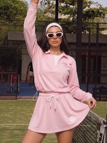 SHEIN Pink Women's Letter Print Sporty 2 Pieces Set Tennis Fall Casual Modest - Pink - View 4