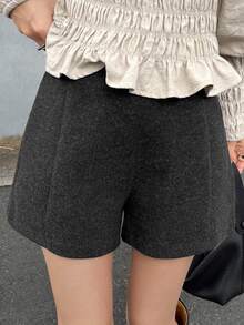 FRIFUL Women's Autumn Solid Color Wool Fabric Casual Versatile Shorts - Black - View 5