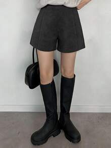 FRIFUL Women's Autumn Solid Color Wool Fabric Casual Versatile Shorts - Black - View 1