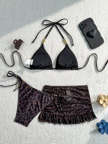 Swim SXY 女款 3 件組夏季性感純色 V 領掛脖綁帶比基尼套裝附外罩衫 - 彩色 - 查看 2