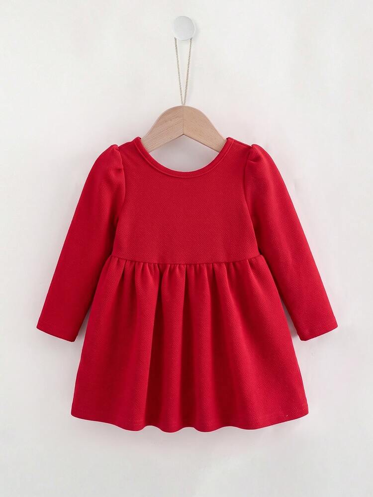 SHEIN Baby Girl Solid Color Knit Round Neck Hollow Out Casual Dress Autumn - Red - View 5