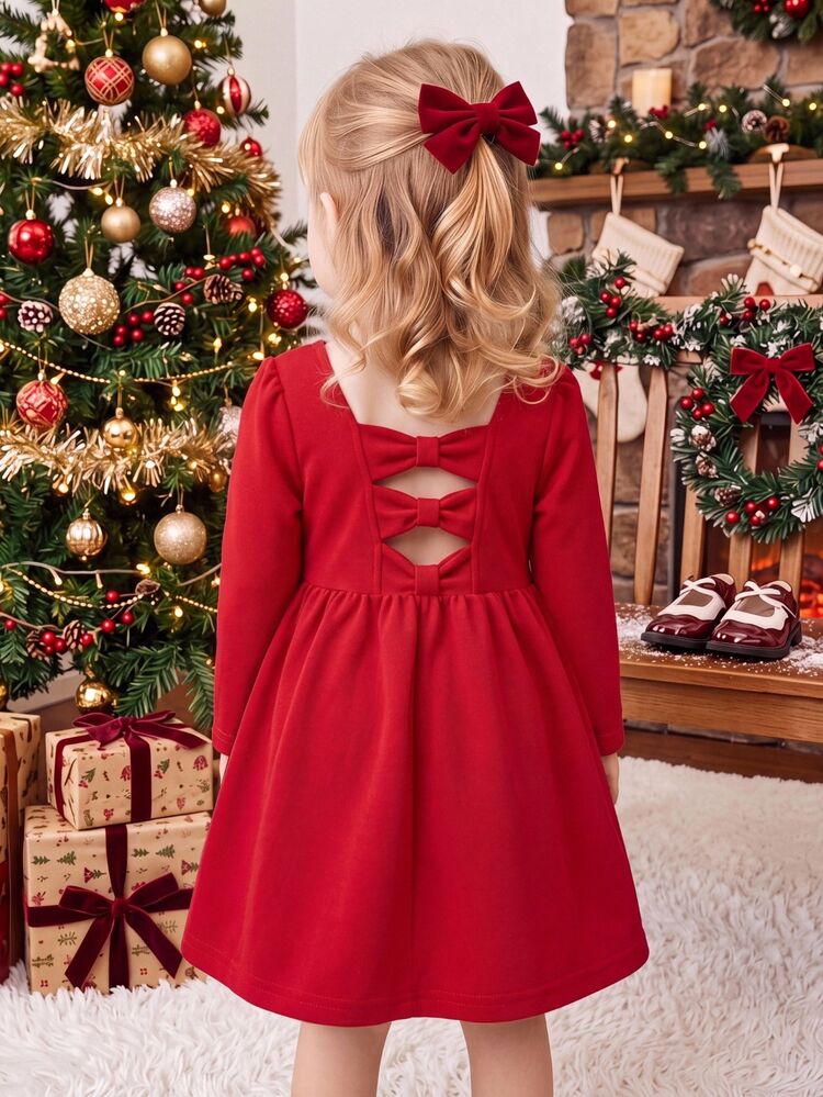 SHEIN Baby Girl Solid Color Knit Round Neck Hollow Out Casual Dress Autumn - Red - View 4