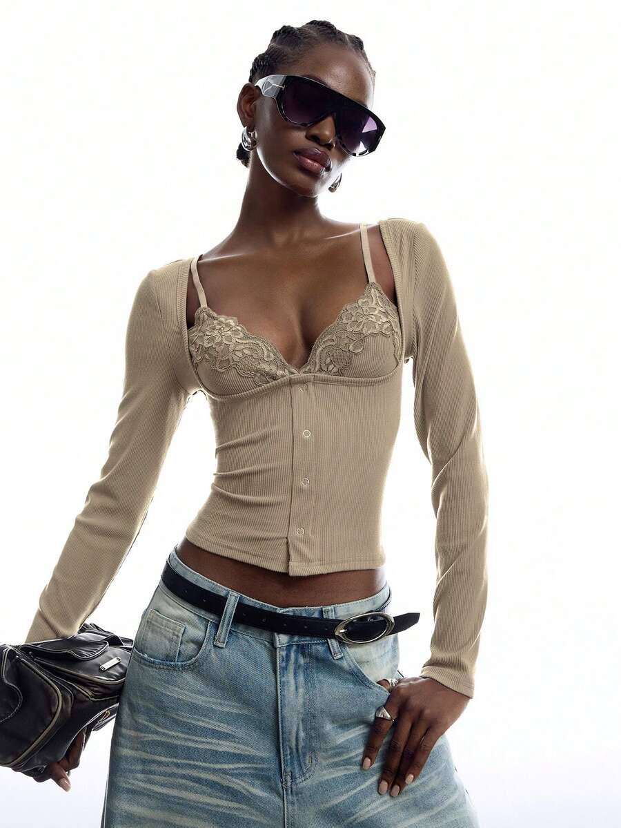 LYSMO Women's Solid Color Contrast Lace Long Sleeve 2 In 1 Sexy T-Shirt Concert Outfit For Women - Apricot - View 1
