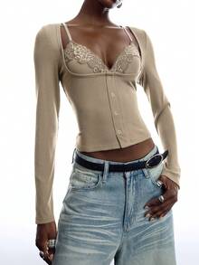 LYSMO Women's Solid Color Contrast Lace Long Sleeve 2 In 1 Sexy T-Shirt Concert Outfit For Women - Apricot - View 6
