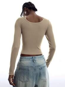 LYSMO Women's Solid Color Contrast Lace Long Sleeve 2 In 1 Sexy T-Shirt Concert Outfit For Women - Apricot - View 4